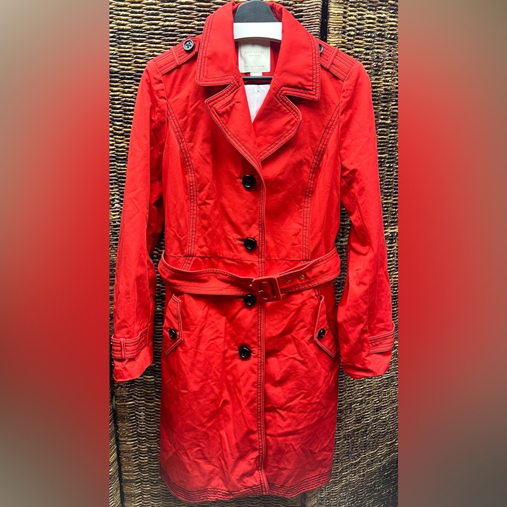 Kate Spade-Red Long jacket-White Polka Dot interior w/belt,Estimated size:Medium